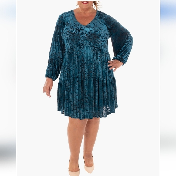 Taylor Teal Velvet Burnout Dress - Picture 1 of 8
